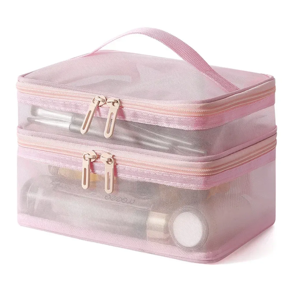 sac de rangement de cosmétiques de voyage à 2 couches, pochette de rangement transparente en maille pliante à fermeture éclair, sac de kit de lavage de maquillage de grande capacité 2025