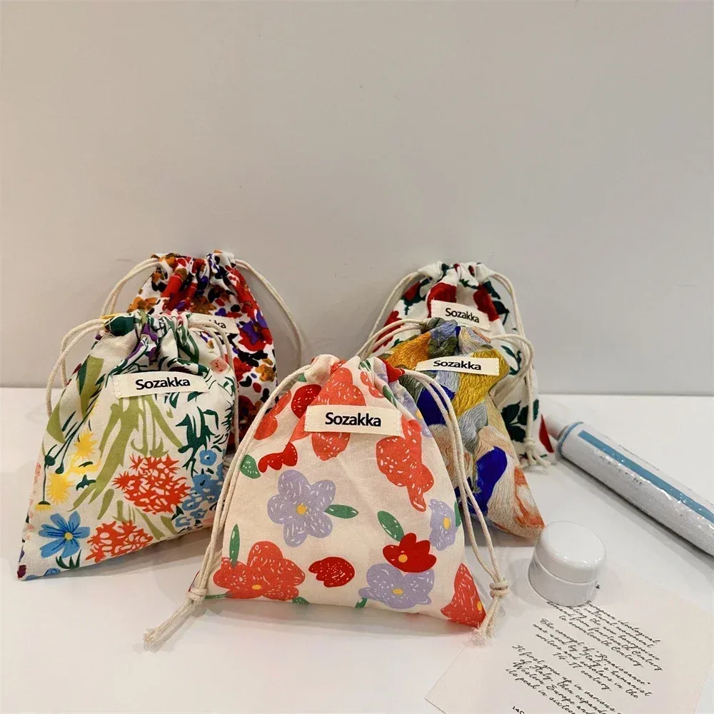 sacs à main en tissu de coton floral, petit sac à cordon de proximité, rouge à lèvres, trousse de toilette, trousse de maquillage, pochette à monnaie, sac de rangement pour écouteurs prédire