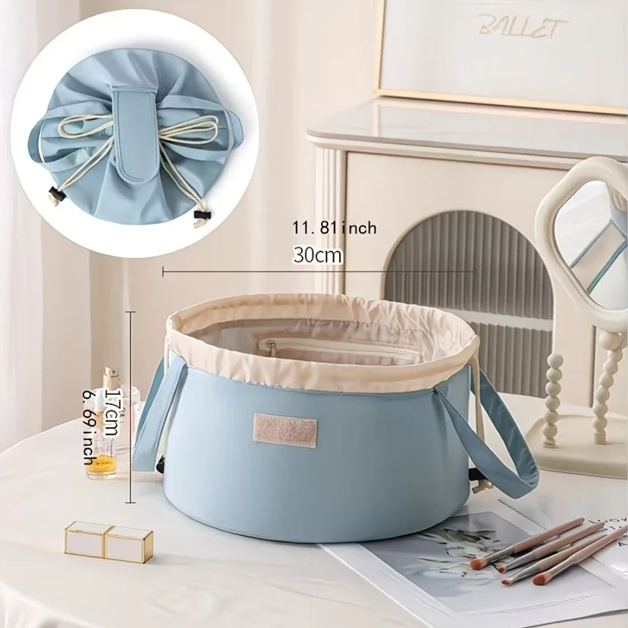 sac de rangement cylindrique de grande capacité pour articles de toilette (avec fermeture à cordon) — sac de rangement portable multi-compartiments, unisexe, adapté pour la salle de sport, les voyages de week-end et l'usage quotidien, peut servir de trousse de toilette, de rangement pour cosmétiques et produits de soin de la peau