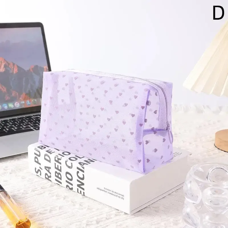 sac de maquillage en maille transparente en forme de cœur, pochette de rangement multifonction portable pour femmes, pochette de toilette pour dames, sacs organisateurs de rouge à lèvres