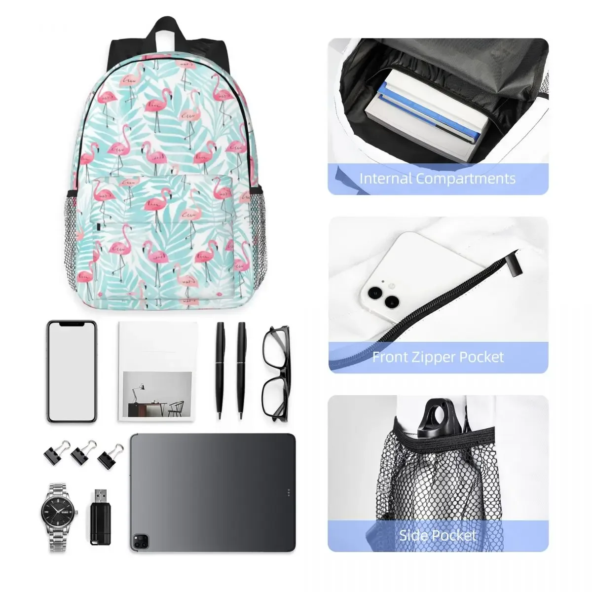 sac à dos à motif sans couture pour femmes et hommes, sac à livres pour étudiants, convient aux sacs pour ordinateur portable 15 pouces, plantes tropicales, flamant rose, oiseau