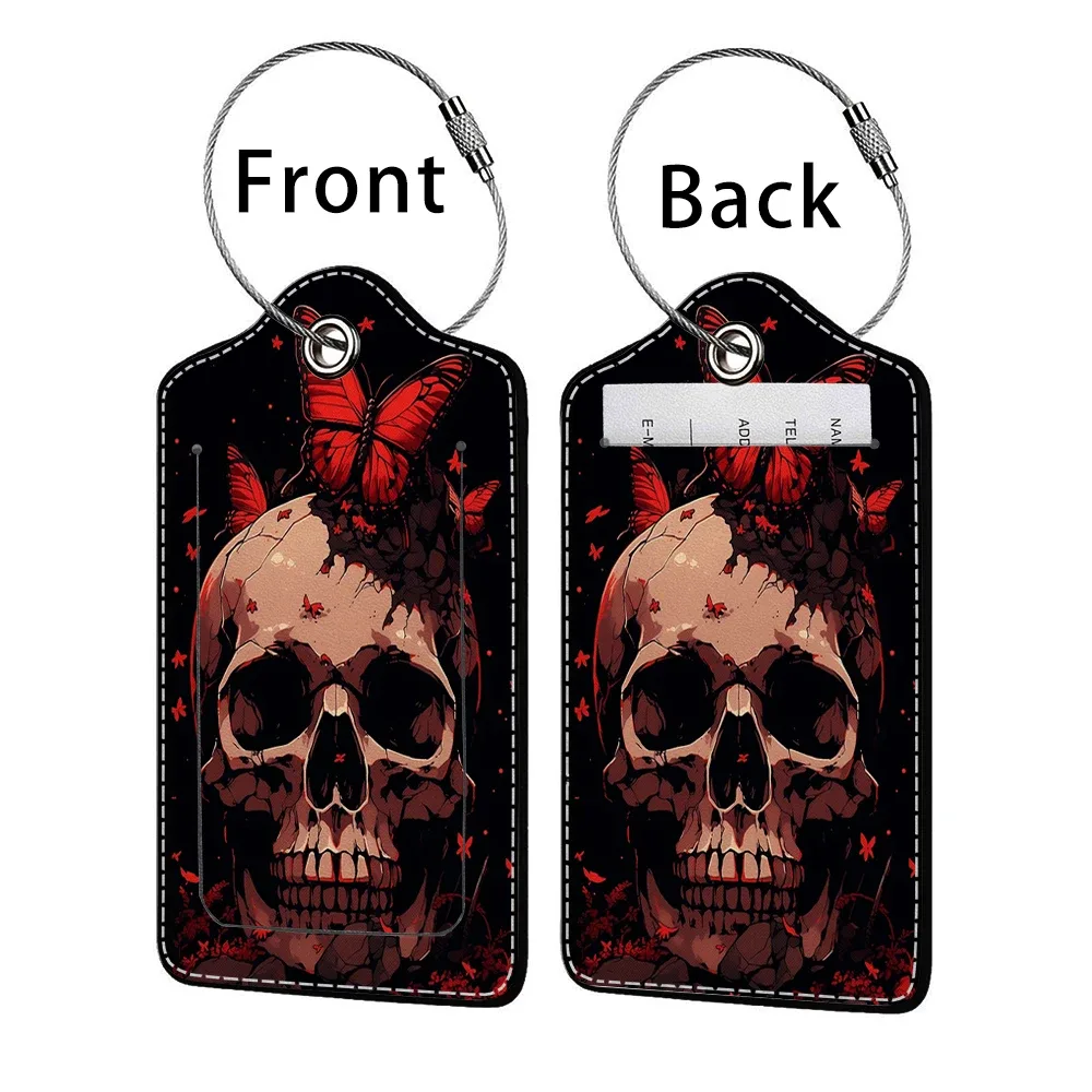 promotion étiquette de bagage en cuir à motif d'horreur, étiquette d'adresse pour valise, étiquette d'embarquement pour bagage, clip pour nom, identifiant et adresse