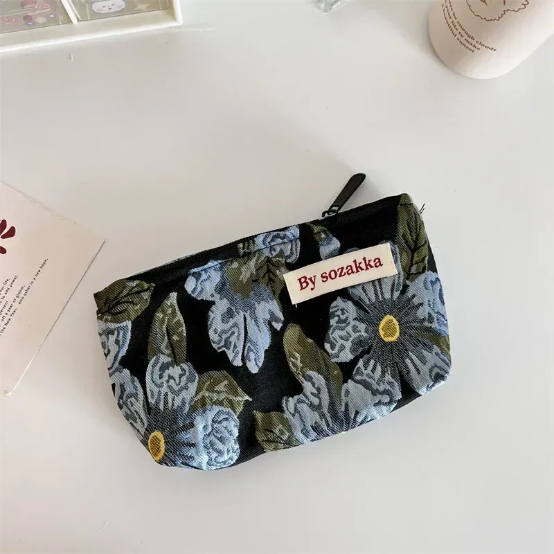 trousse de maquillage coréenne florale pour femmes, trousse à cosmétiques, trousse de maquillage de voyage, trousse de beauté en toile, trousse à crayons