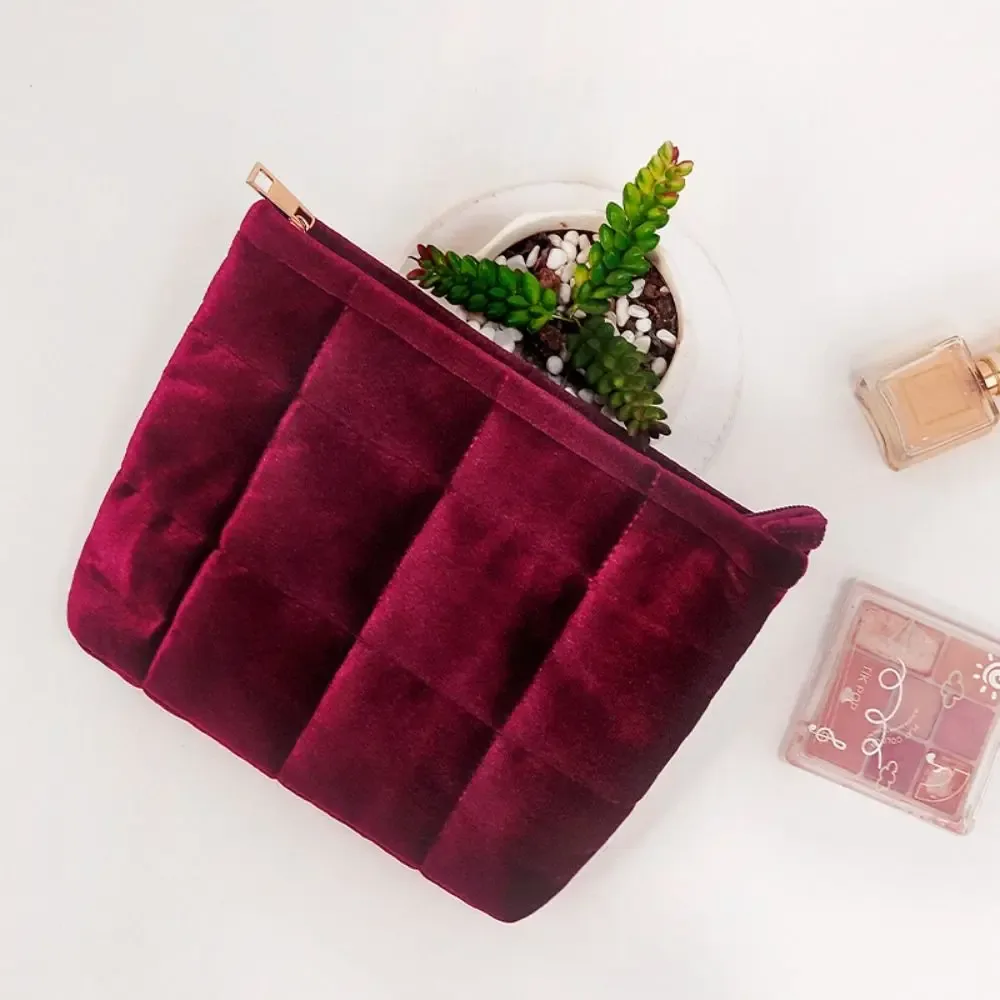 sac à cosmétiques portable en velours, sac de rangement matelassé à fermeture éclair de couleur unie, trousse de toilette de voyage légère de grande capacité