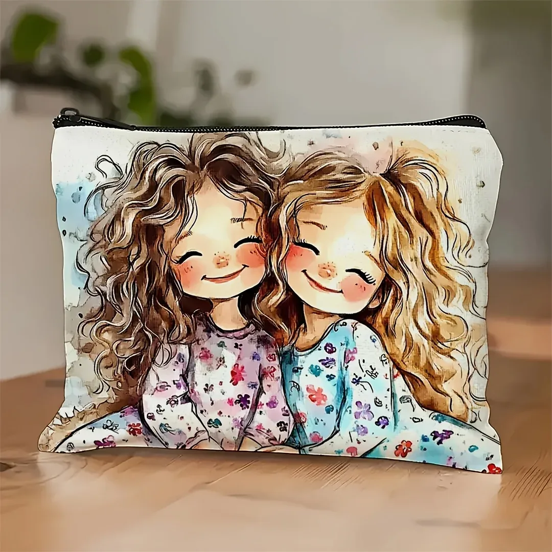 trousse toilette lin illustration filles souriantes robe motifs floraux pochette portable voyage beauté maquillage cosmétique