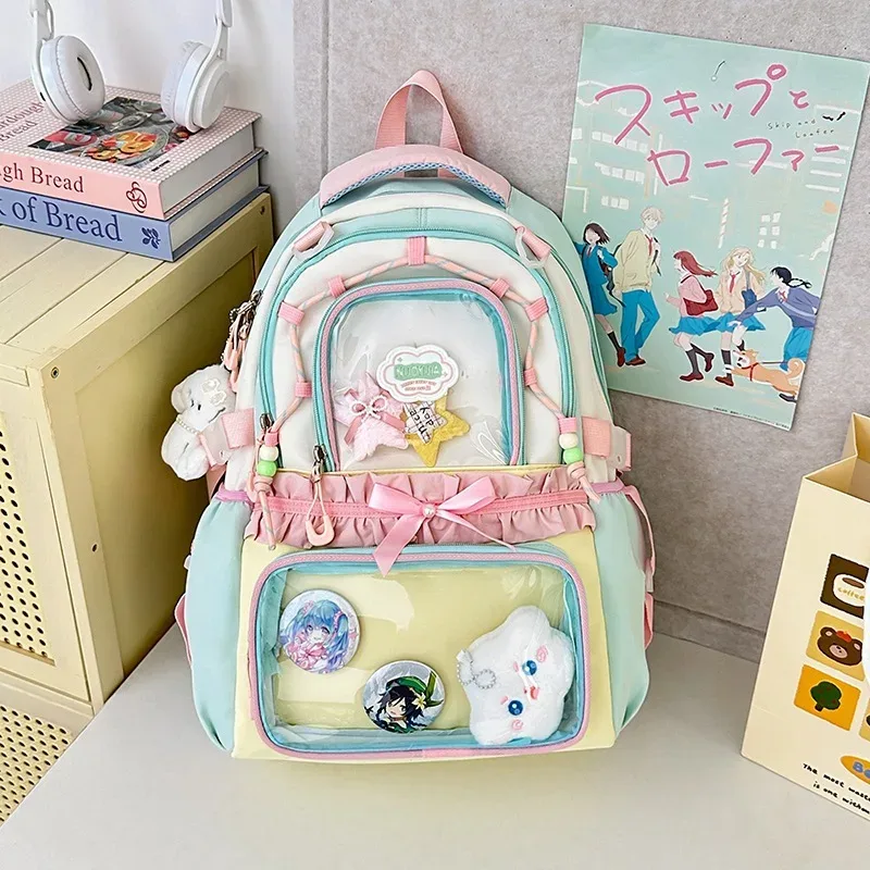 sac à dos coréen à nœud papillon, grande capacité, esthétique soignée, couleur transparente contrastante, pour l'école