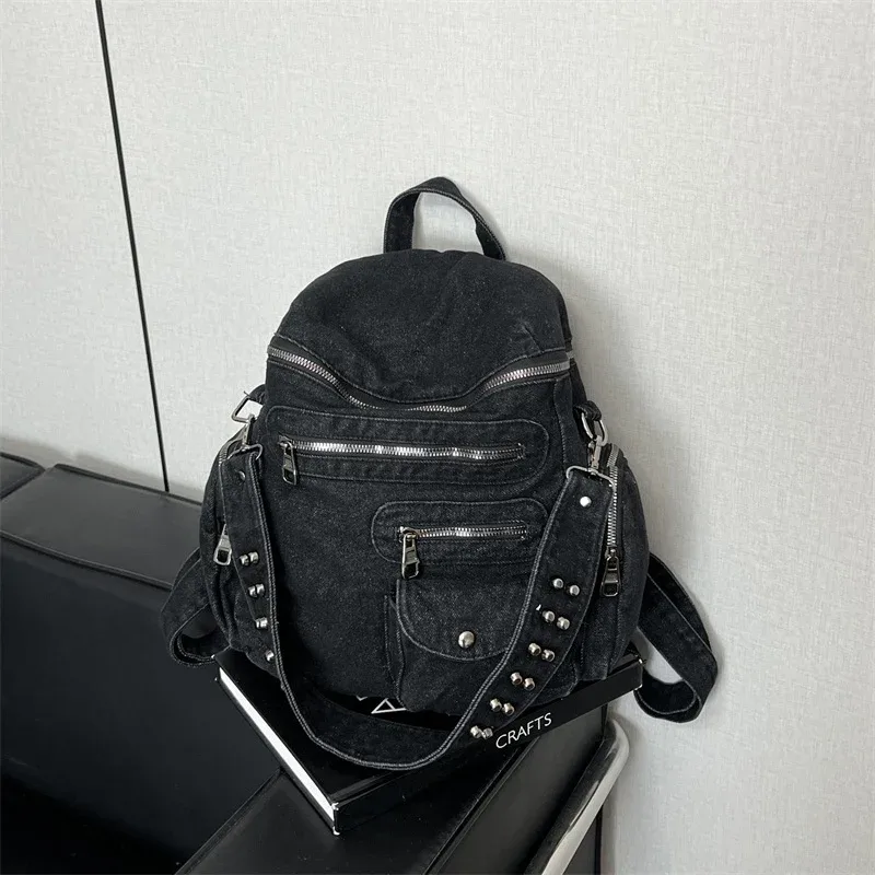 sac à dos décontracté en jean délavé à double bandoulière avec rivets, respirant, capacité 20-35l, idéal pour les cours, les trajets quotidiens et la rentrée scolaire