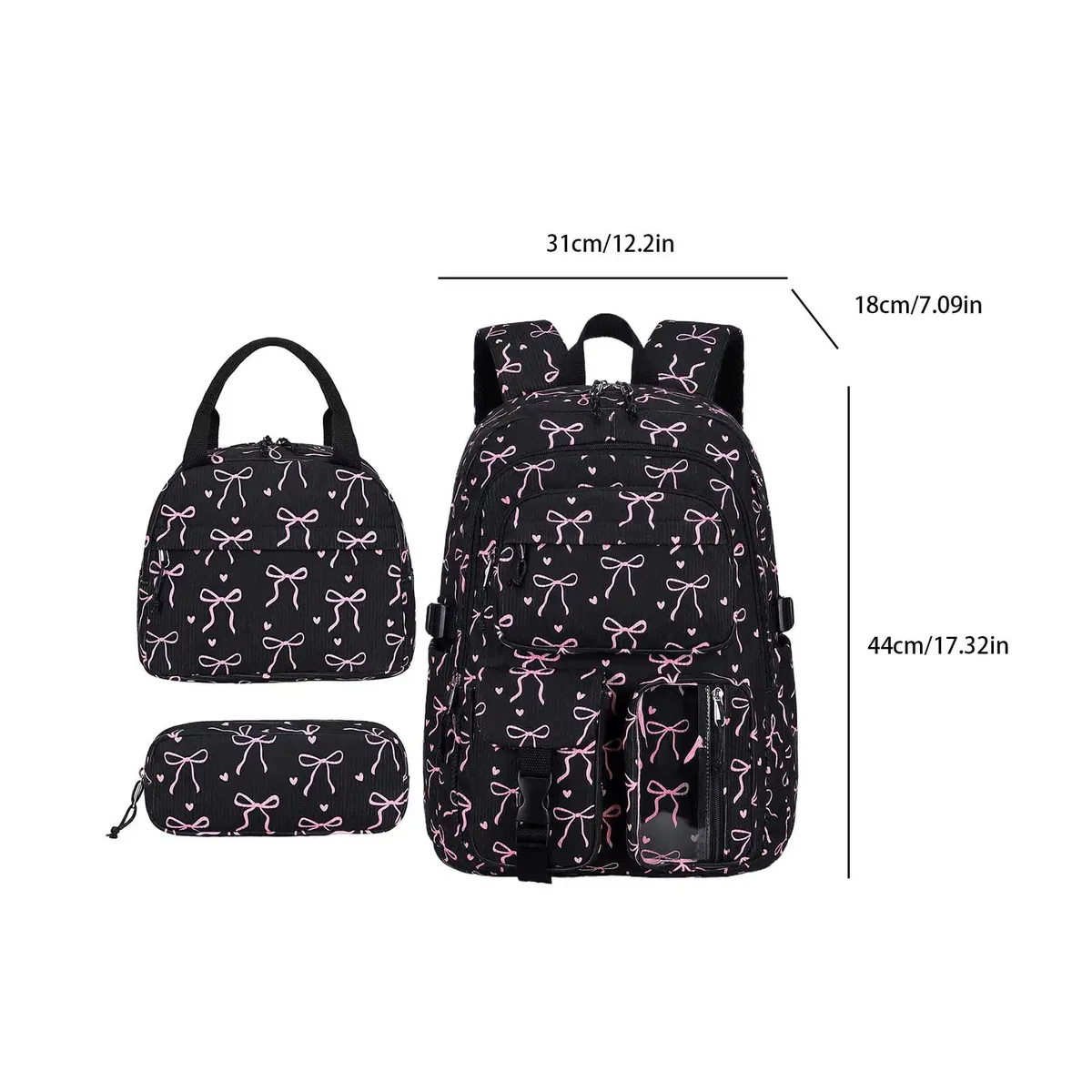 sac à dos en velours côtelé avec nœud mignon pour femme, sac à dos multi-poches avec sac à lunch et trousse à crayons, grande capacité, sac à dos de voyage décontracté