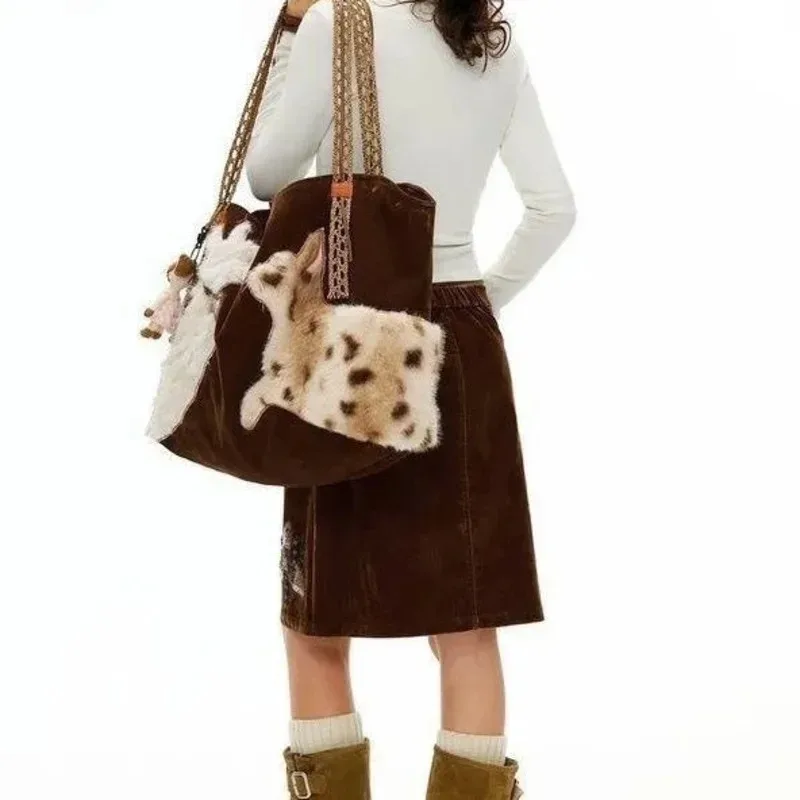 sac fourre-tout en fausse fourrure brodé motif chat, grande capacité, sac à main pour femme, marron, hiver, peluche, sac de voyage, sac boston