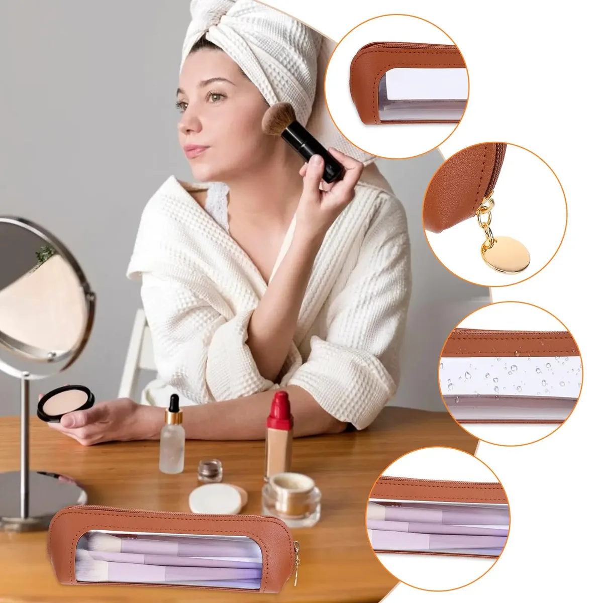 petite pochette de maquillage transparente, sac de brosse de maquillage en cuir pu, pochette de rangement avec fermeture éclair pour femmes, maison, voyage, bureau, rangement de cosmétiques