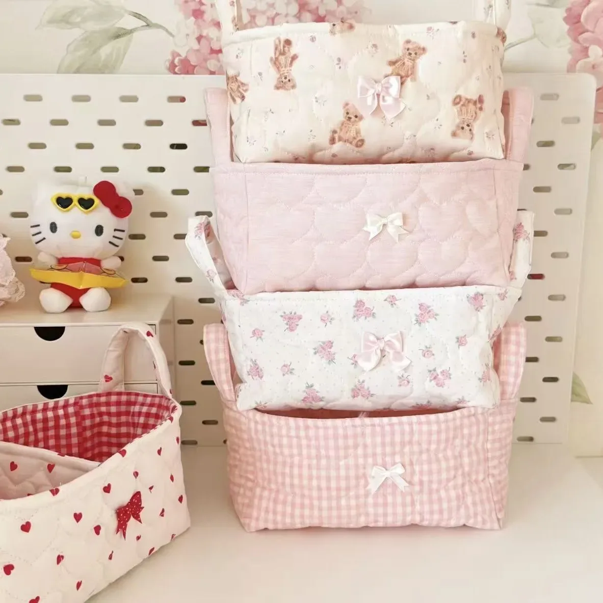 nouveau panier de rangement superposé en coton tressé, style ins, pour décoration de bureau et organisateur de cosmétiques, motif 'cœur de fille'