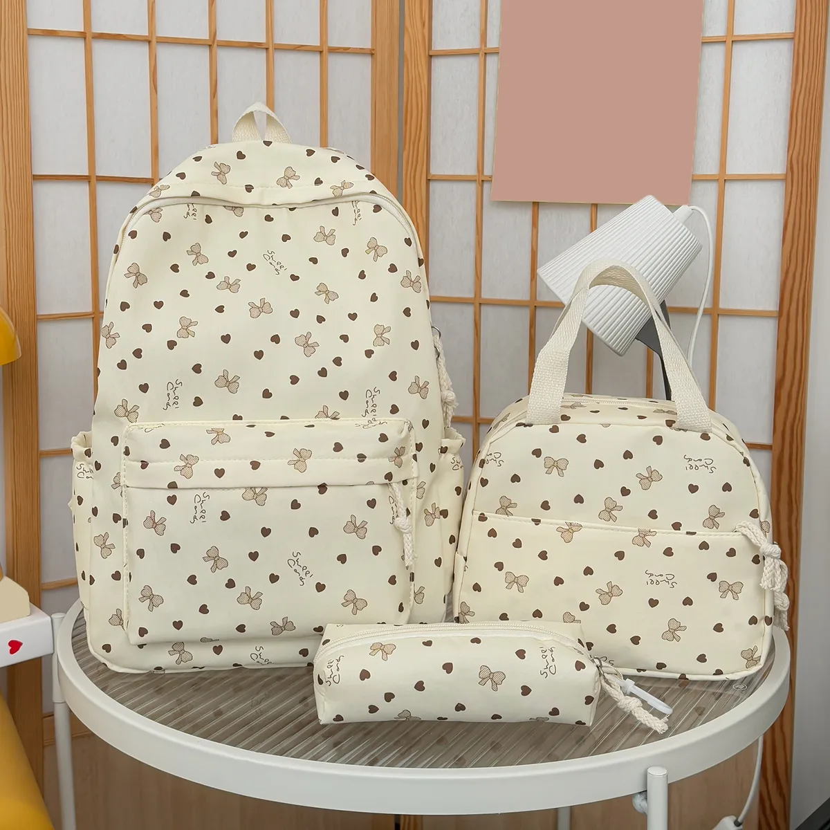 sac dos nylon papillons cœurs noir blanc rose adolescentes étudiantes voyage école pochette main set
