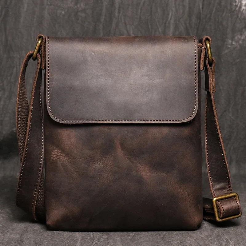 sac à bandoulière vintage en cuir véritable foncé, sac pour téléphone, sac à bandoulière en cuir de vache pour hommes, sac pour ipad de 7.9 pouces
