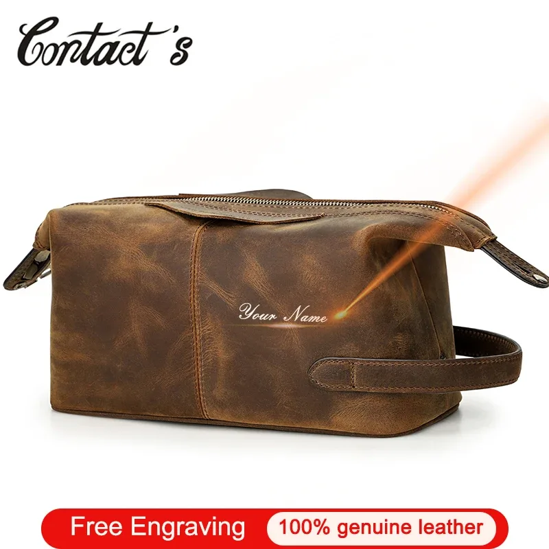 Trousse Toilette Cuir Vache Texture Rugueuse Marron Vieilli Fermeture Éclair Poche Intérieure Grande Capacité Usage Voyage