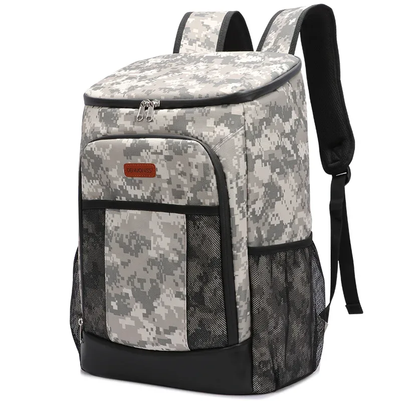 sac dos bleu accents noirs gris poches avant compartiments intérieurs séparateurs tissu résistant transport nourriture boissons isolantes grande capacité