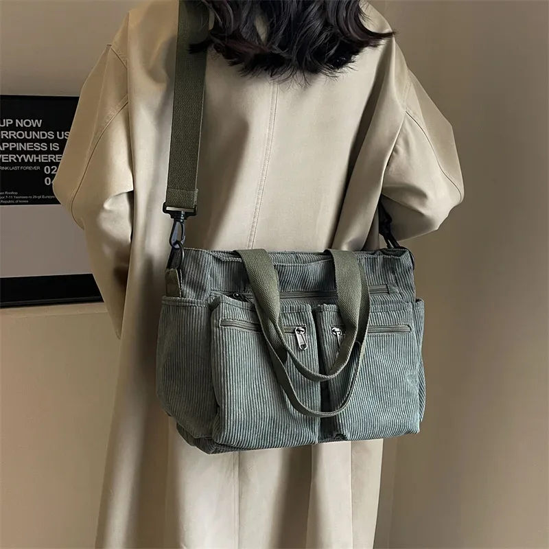 sacs messagers décontractés en velours côtelé, grande capacité, sac à bandoulière portable pour maman, fourre-tout de camping multicouches