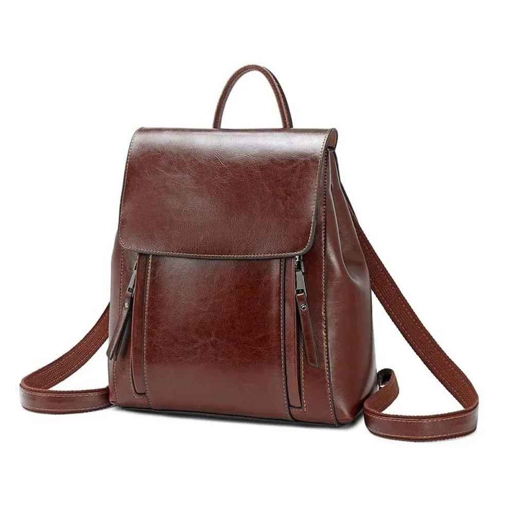 sac à dos rétro en cuir pour femmes, imperméable, grande capacité, en cuir ciré, couleur unie, avec boucle magnétique antivol, sac de voyage