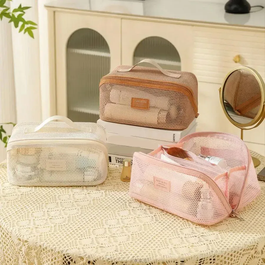 Sac de maquillage à main en maille de grande capacité, fermeture éclair, multicouche, maille transparente, sac à cosmétiques, étui de rangement carré