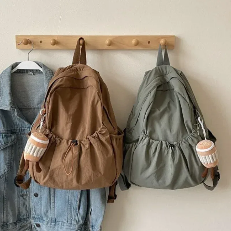 sac dos nylon beige pliant grande capacité voyage étudiant lycée scolaire pli cartable sac dos