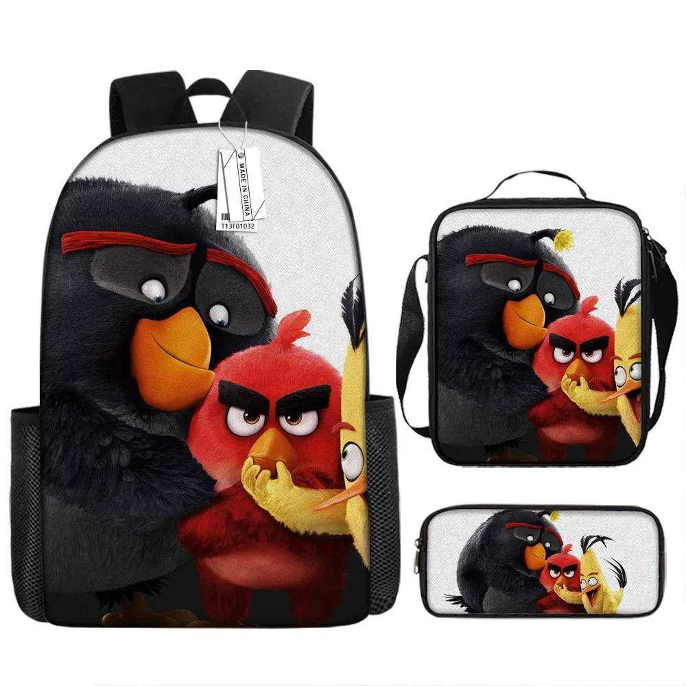 sacs d'école de luxe originaux et cool avec impression 3d angry birds, 3 pièces/ensemble, sac à dos pour ordinateur portable, sac à déjeuner, trousse à crayons
