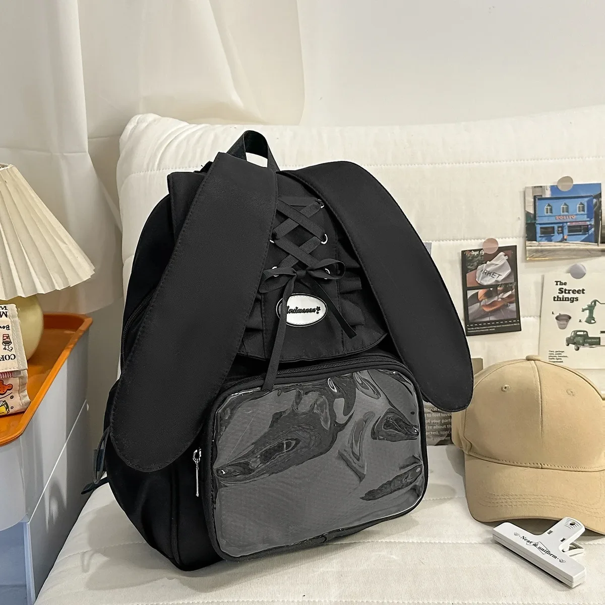 sac à dos transparent pour femmes et adolescentes, style ita bag avec oreilles de lapin et nœud, mignon