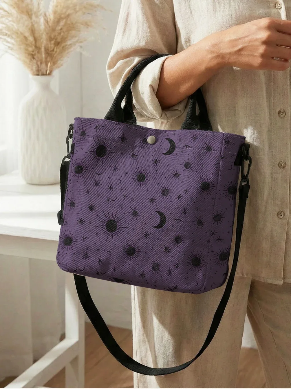 sac fourre-tout violet imprimé soleil, lune et étoiles, avec bandoulière amovible, sac à main pour femme, pour les courses quotidiennes
