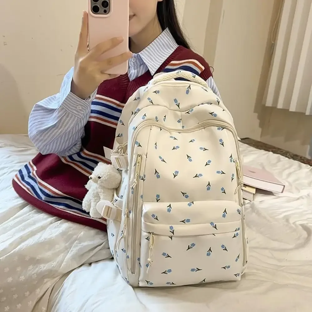 sac d'école en nylon pour étudiants, motif floral, style preppy, sac à dos pour femmes avec pendentif, grande capacité, sac à dos de voyage