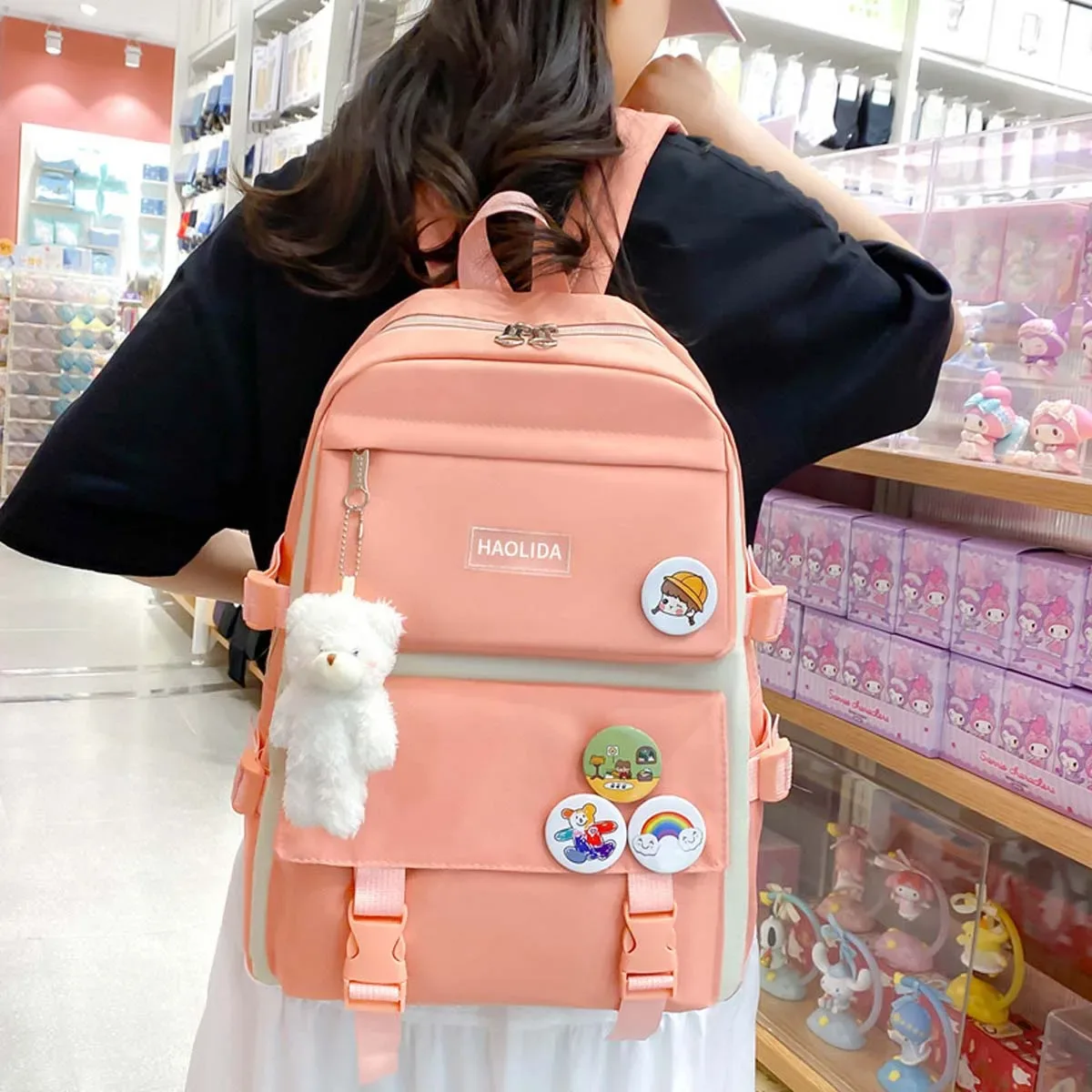 sac dos toile lavande rose pastel dessin animé ours blanc arc ciel polyester polyestride couche intermédiaire informatique ceinture coussin air voyage décontracté