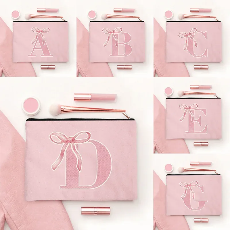 Trousse de maquillage rose avec lettre initiale pour filles, poudres cosmétiques à fermeture éclair pour gorl'école de beauté, la remise des diplômes, le voyage, l'évaluation, la trousse de toilette