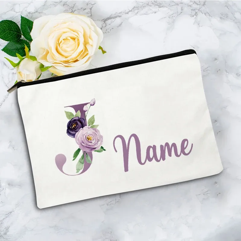 pochette de maquillage personnalisée violette à 26 motifs floraux, sac de toilette pour articles de voyage, cadeau de mariage ou d'anniversaire avec nom personnalisé