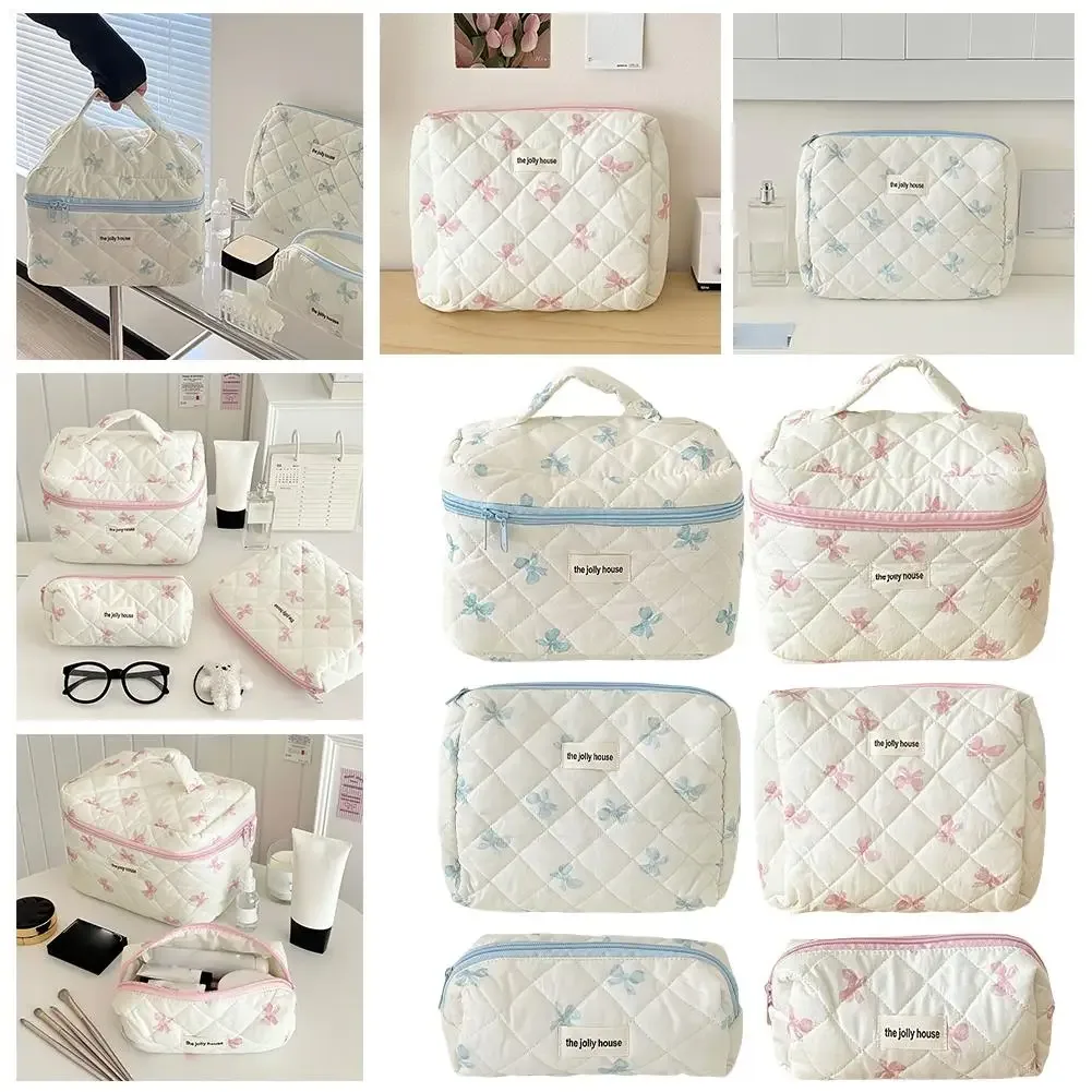 sac de maquillage imprimé nœud coréen pour femmes, trousse à cosmétiques portable de grande capacité pour voyage, sac de rangement pour articles de toilette et cosmétiques