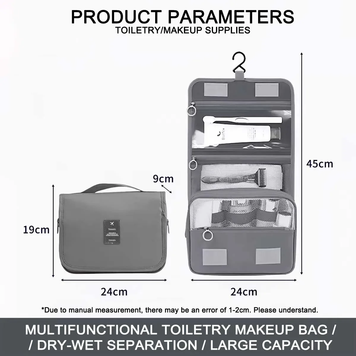 trousse de maquillage de voyage imperméable premium pour femmes – organisateur de toilette suspendu avec crochet, pochette de lavage spacieuse pour salle de bain et compartiment sec/humide