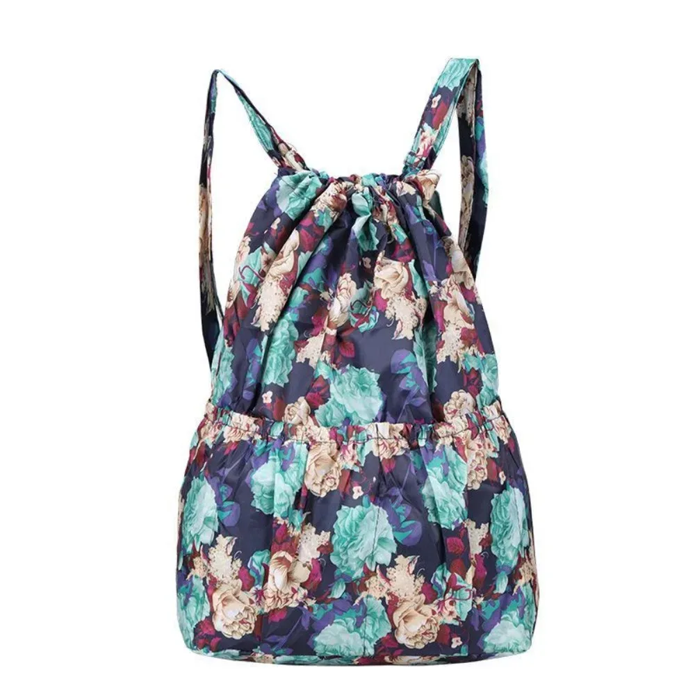 sac à cordon imprimé floral, sac de shopping portable en polyester de grande capacité, sac de voyage léger et étanche pour adolescentes