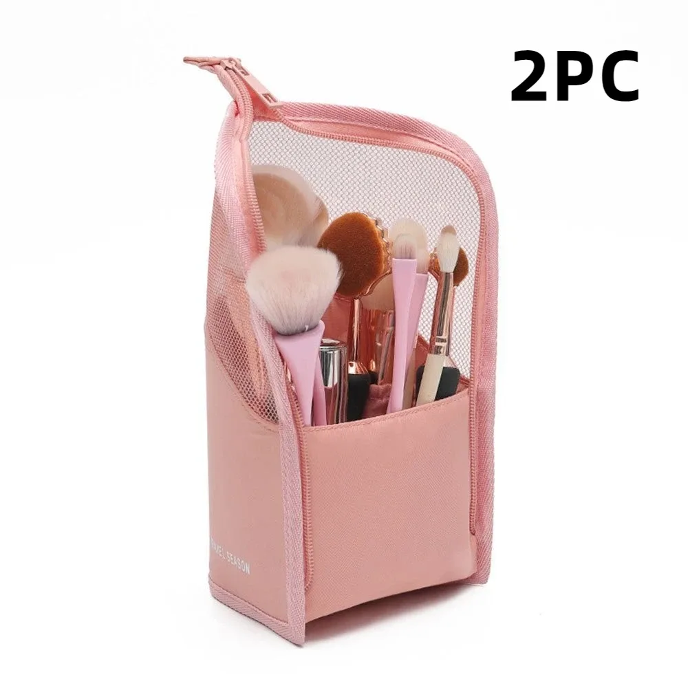 sac de rangement pour pinceaux de maquillage, pliable, en maille transparente, support vertical, étui cosmétique portable à séchage rapide pour femmes, rangement de voyage et de bureau