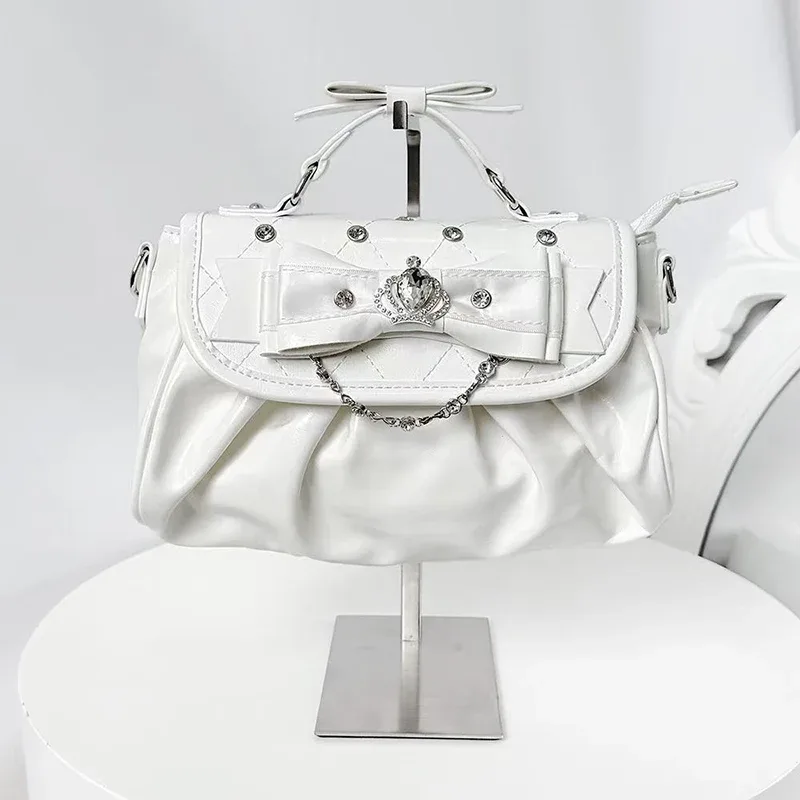 sac sous le bras élégant rose avec nœud et strass, sac à bandoulière plissé style sweet lolita, sac à main portable avec poignée nœud, jolie pochette ita