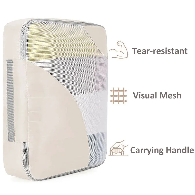 organisateur voyage polyester gris beige motif géométrique cube sac compression chaussures pochette housse vêtements tailles différentes transport pratique