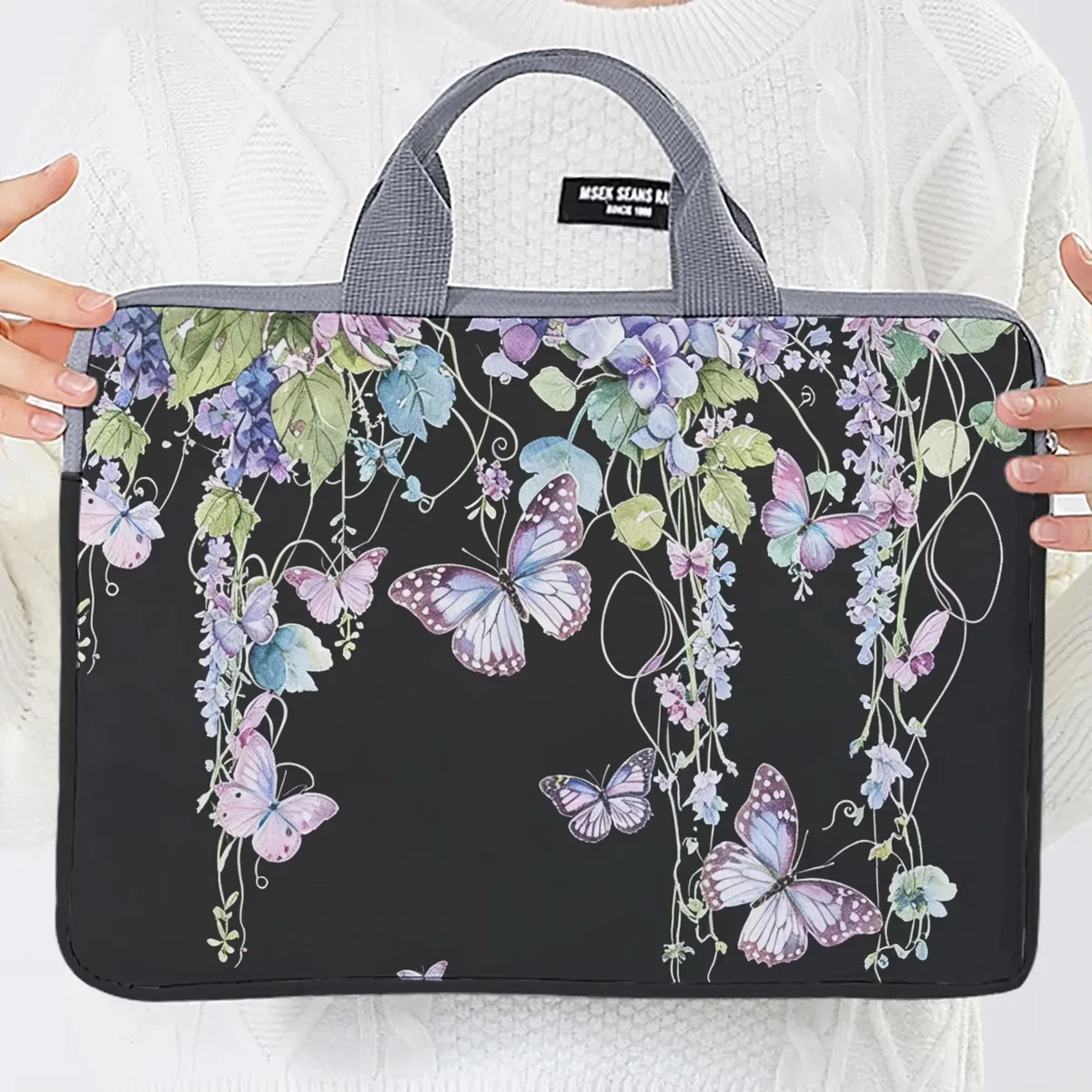 un ensemble, deux styles, sacoche pour ordinateur portable imprimée avec motif glycine et papillon, adaptée aux ordinateurs portables de 14 pouces