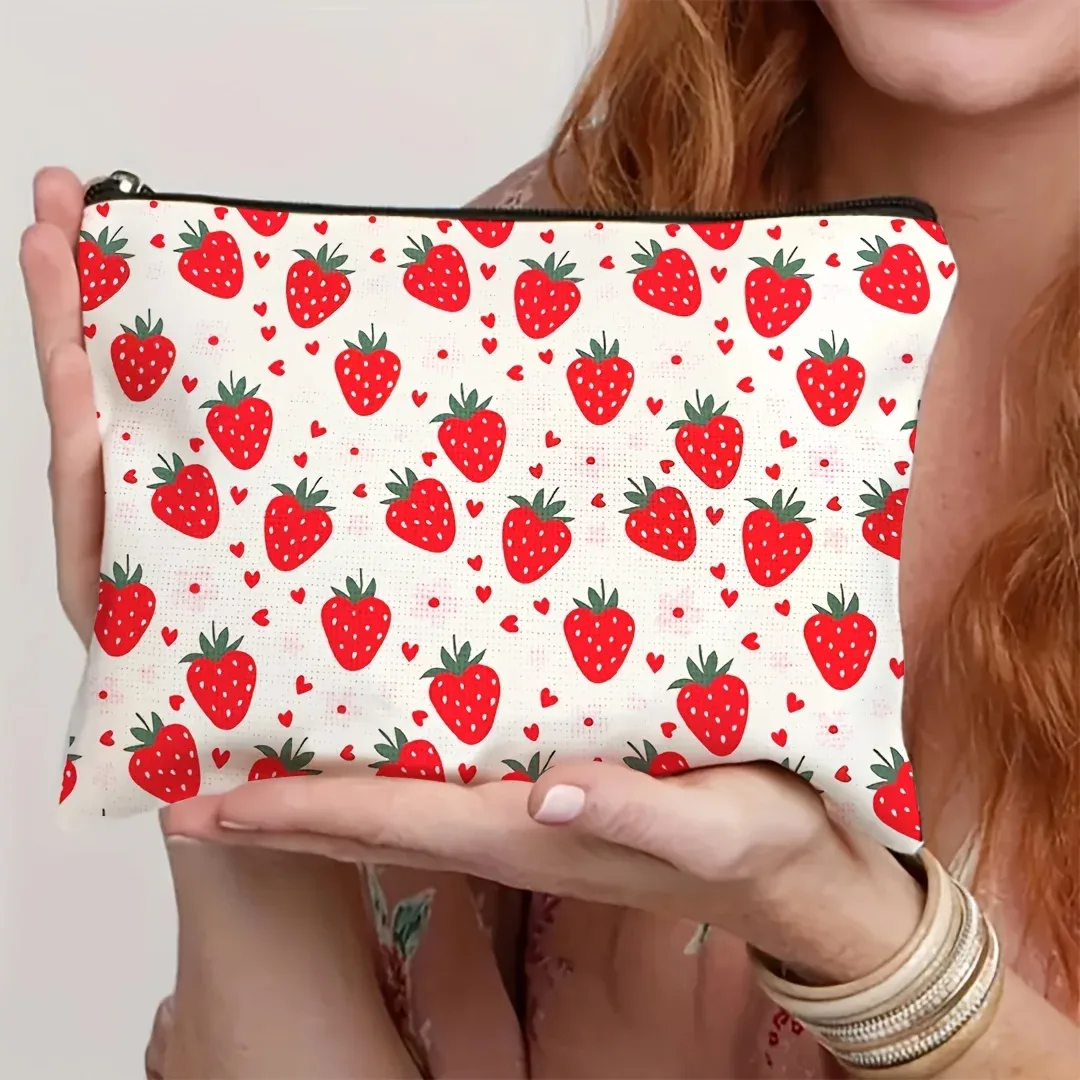 sac de maquillage chic imprimé cœur de fraise, organisateur de cosmétiques spacieux, pochette à cosmétiques à fermeture éclair, porte-monnaie, sac de rangement, trousse à crayons