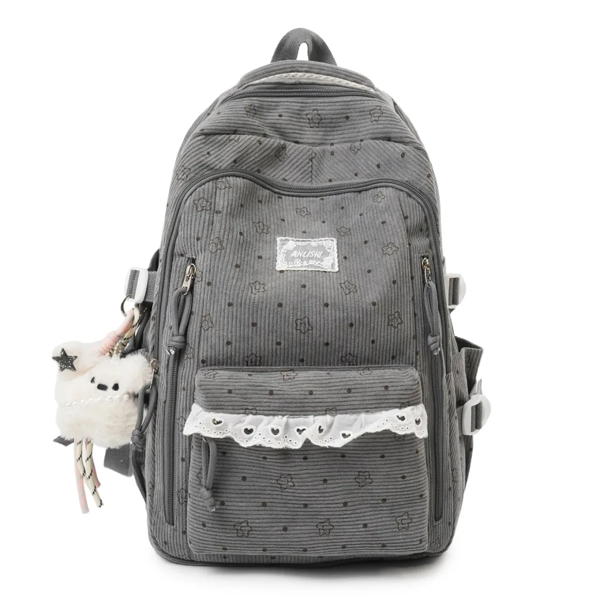 sac à dos décontracté en velours côtelé gris pour femme, motif étoile, breloque ours en peluche, multi-poches, sangle réglable, pour usage quotidien et scolaire 2026