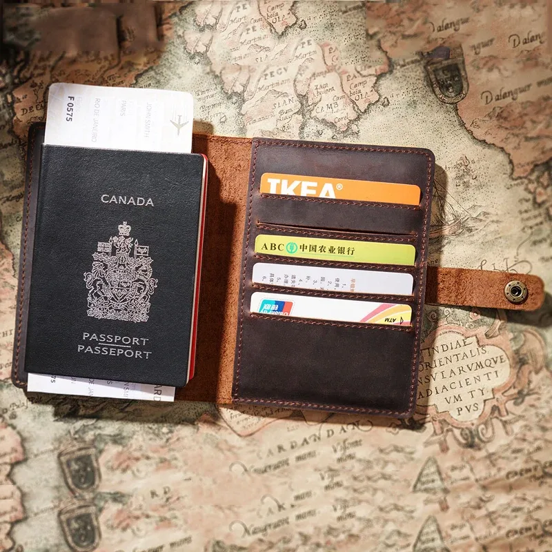 portefeuille de passeport en cuir crazy horse – organiseur de voyage rétro, porte-billet multifonction bloquant rfid pour hommes et femmes