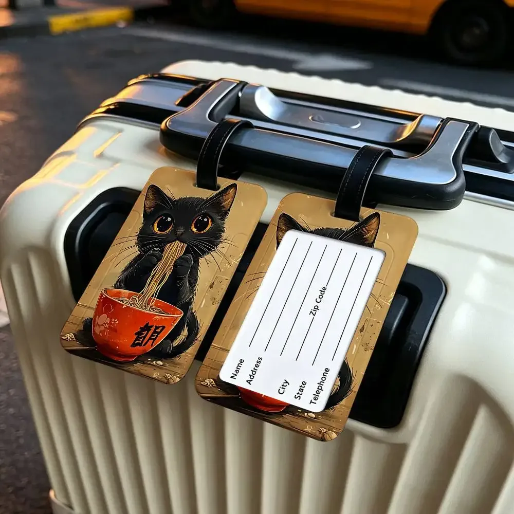 chat japonais mangeant des nouilles, étui pour carte d'information en toile imperméable, étiquette de bagage en pvc, identifiant anti-perte pour valise et sac à main