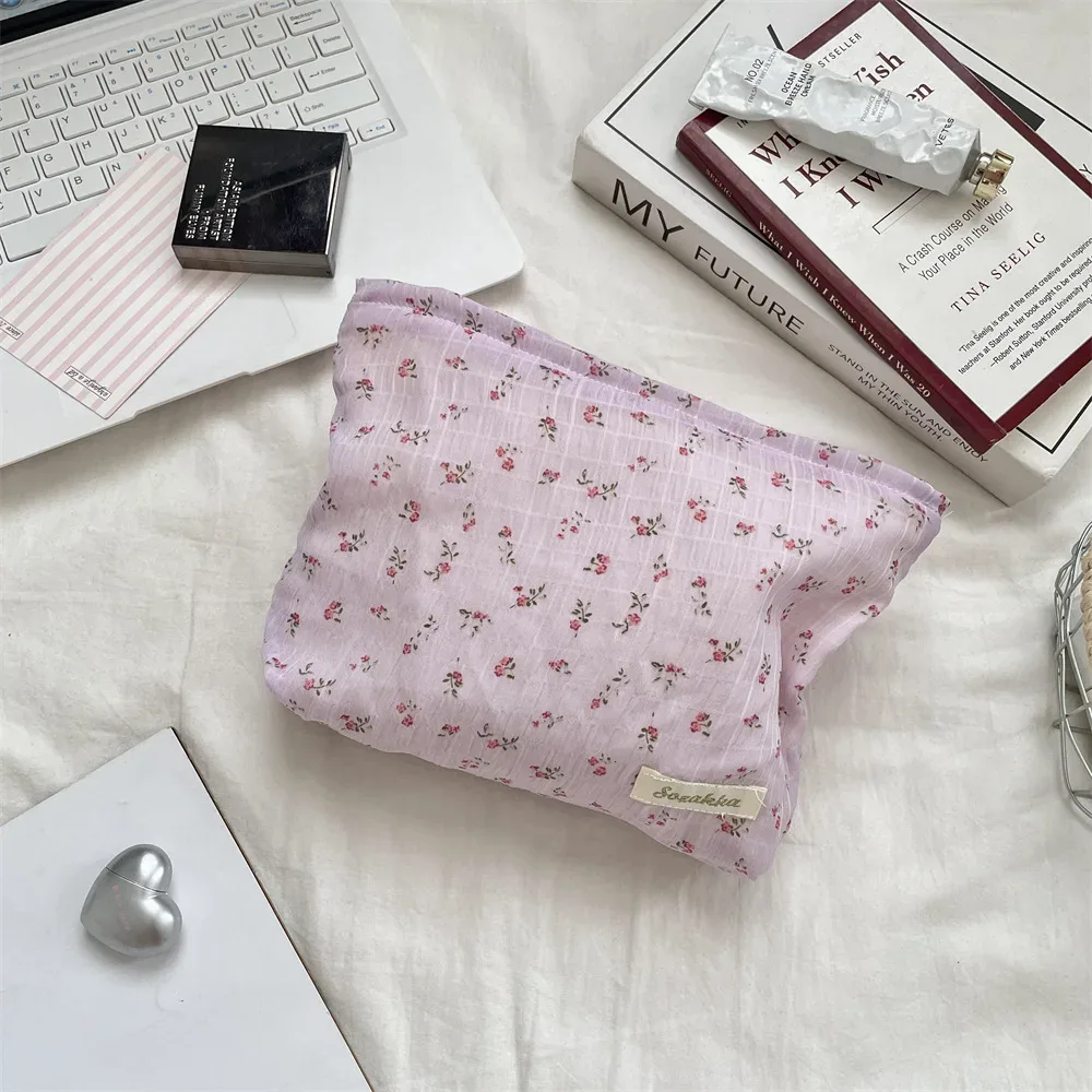 trousse de maquillage florale, sac de toilette léger et transparent à motif de cerises, sac de voyage portable pour soins de la peau, idéal pour les femmes et les jeunes filles.