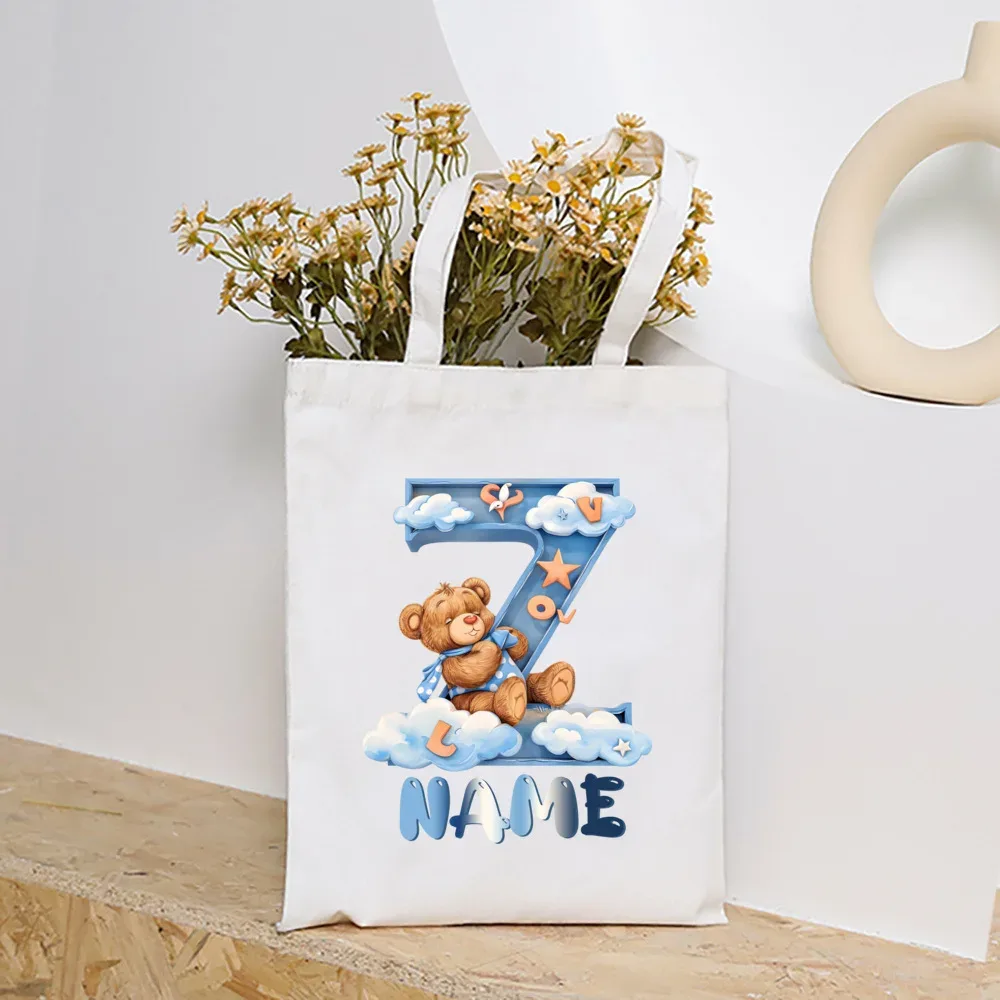 sacs fourre-tout en toile college nuage ours et alphabet personnalisés, sacs à main personnalisés de grande capacité, cadeaux de portabilité pour la rentrée scolaire