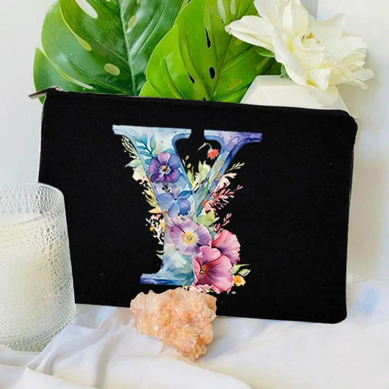 trousse toilette toile noire initiale fleurs maquillage femmes voyage sac cosmétiques intérieur uni poignée glissière