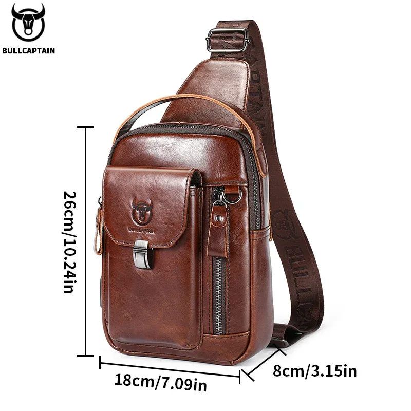 bullcaptain sac de poitrine en cuir véritable pour hommes décontracté rétro 7.9 pouces sac pour téléphone portable multifonctionnel antivol sac à bandoulière