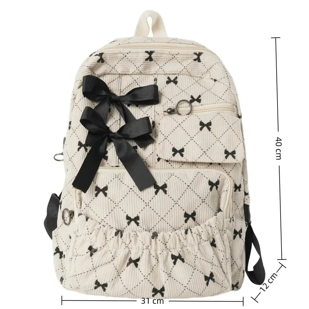 sac à dos tendance en velours côtelé avec nœud, style ins, imprimé nœud, polyvalent, grande capacité, pour étudiantes