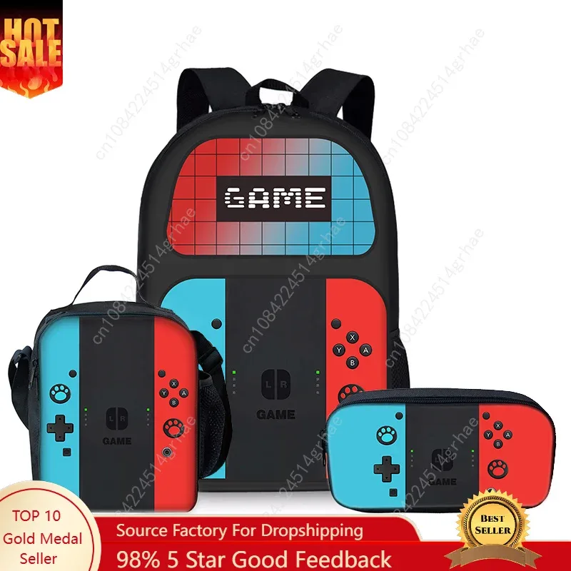 sacs à dos trois pièces pour garçons et filles, design console de jeu, meilleurs cadeaux, sac à dos scolaire dessin animé 2d pour enfants