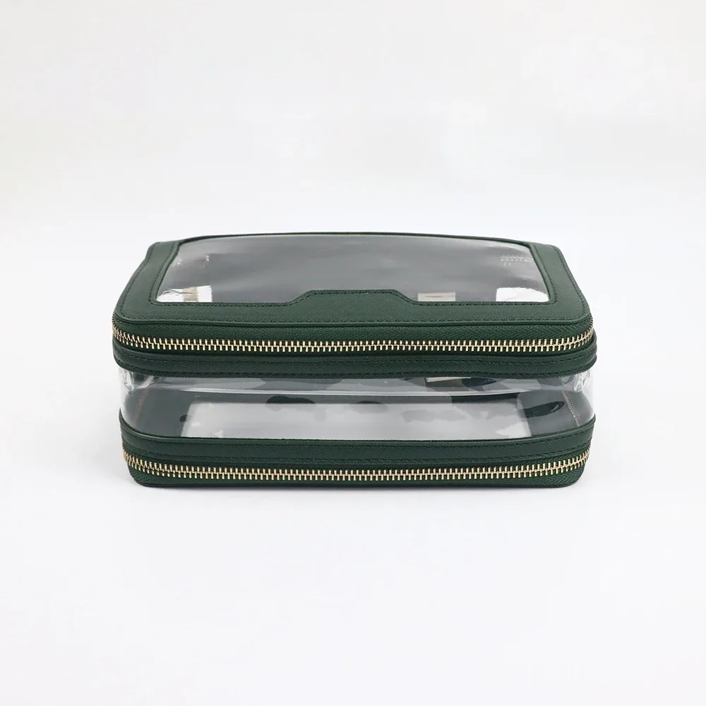 sac de toilette en cuir pu + tpu transparent avec nom personnalisé, trousse de maquillage portable de voyage, sac de rangement étanche de grande capacité