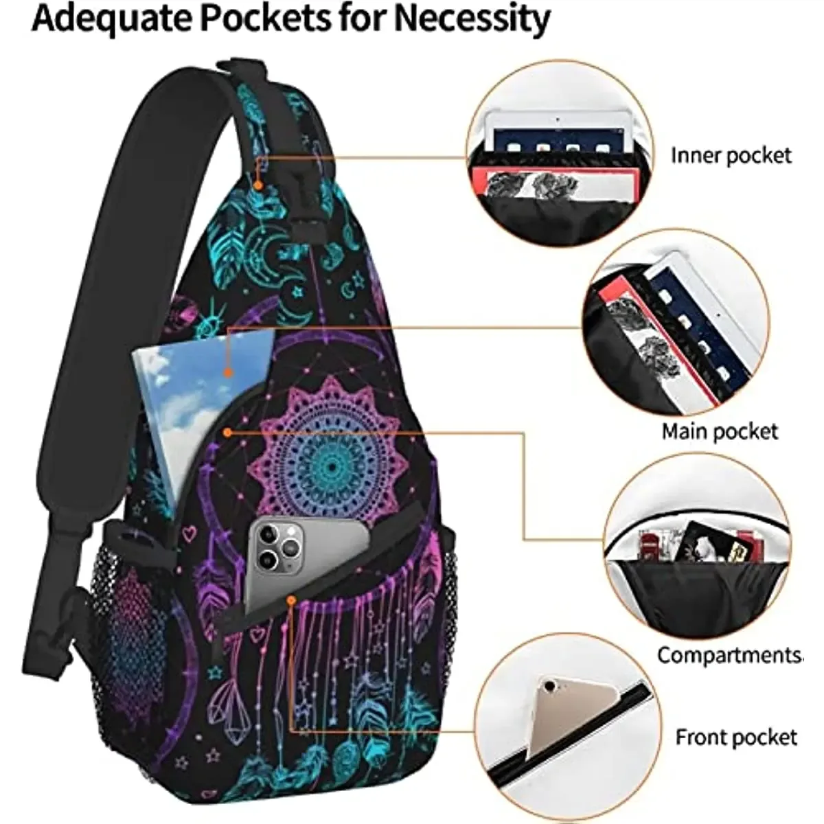 sac à bandoulière aquarelle pour hommes et femmes, style boho attrape-rêves mandala, sac de jour de randonnée, sac à dos à bandoulière, sac de poitrine de voyage pour hommes et femmes