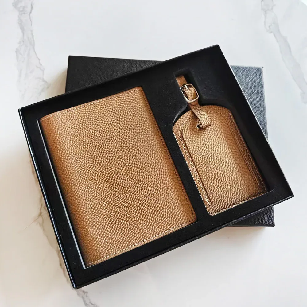 porte-passeport saffiano de voyage avec initiales personnalisées, ensemble d'étiquettes de bagage, boîte-cadeau, nom personnalisé, logo, accessoires de voyage pour femmes et hommes